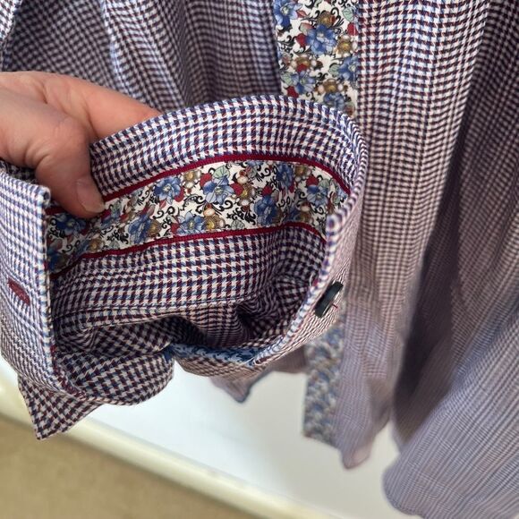 Robert Graham Burgundy Blue Small Pattern Contrasting Floral Cuffs Dress Shirt - Picture 7 of 11